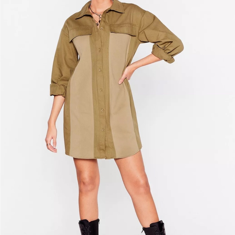 Nasty Gal - Colourblock Green Denim Shirt Dress (Size 4)
